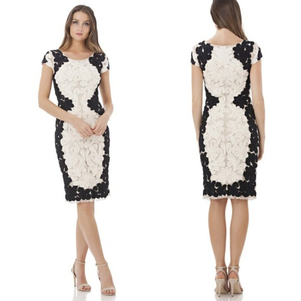 JS COLLECTIONS Soutache Sheath Lace Cap Sleeve in Navy & Cloud Dress.  SZ 4